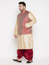 Plus Men's Maroon Nehru Jacket With Gold Kurta And Maroon Dhoti Set