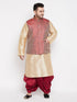 Plus Men's Maroon Nehru Jacket With Gold Kurta And Maroon Dhoti Set