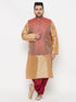 Plus Men's Maroon Nehru Jacket With Rose Gold Kurta And Maroon Dhoti Set