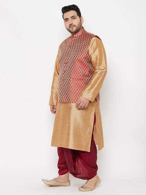 Plus Men's Maroon Nehru Jacket With Rose Gold Kurta And Maroon Dhoti Set