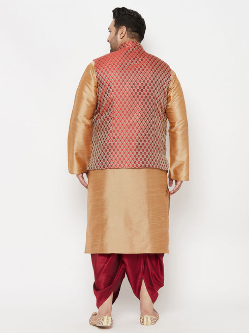 Plus Men's Maroon Nehru Jacket With Rose Gold Kurta And Maroon Dhoti Set