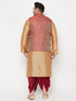 Plus Men's Maroon Nehru Jacket With Rose Gold Kurta And Maroon Dhoti Set