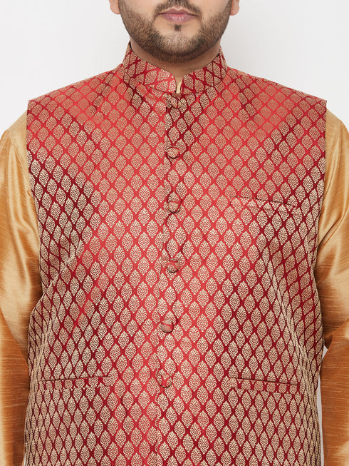 Plus Men's Maroon Nehru Jacket With Rose Gold Kurta And Maroon Dhoti Set