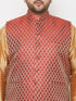 Plus Men's Maroon Nehru Jacket With Rose Gold Kurta And Maroon Dhoti Set