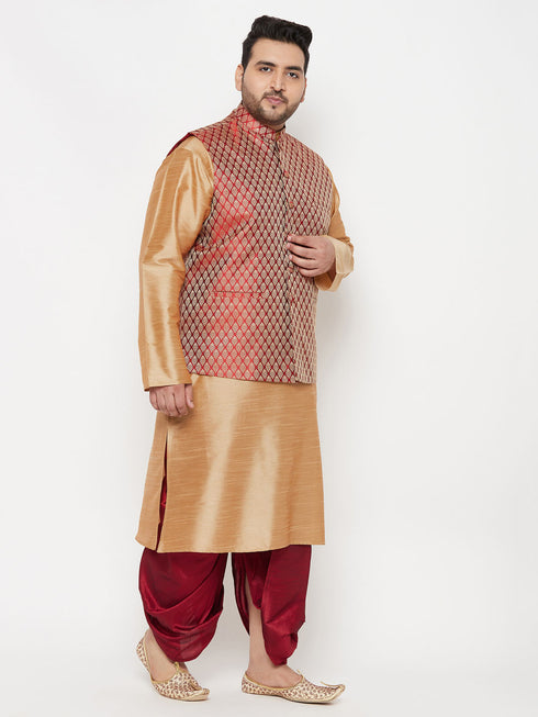 Plus Men's Maroon Nehru Jacket With Rose Gold Kurta And Maroon Dhoti Set