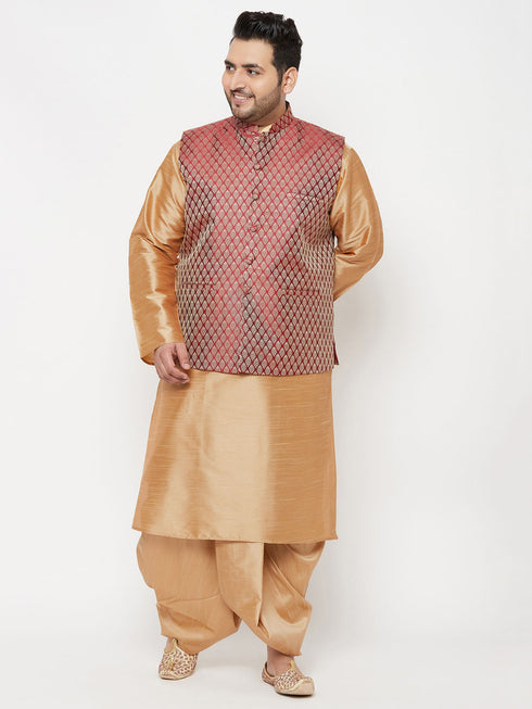 Plus Men's Maroon Nehru Jacket With Rose Gold Kurta And Dhoti Set