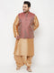 Plus Men's Maroon Nehru Jacket With Rose Gold Kurta And Dhoti Set