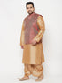 Plus Men's Maroon Nehru Jacket With Rose Gold Kurta And Dhoti Set