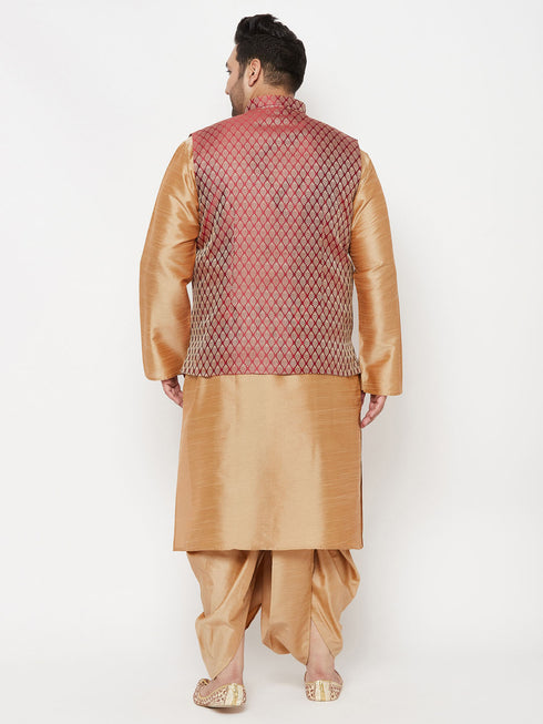 Plus Men's Maroon Nehru Jacket With Rose Gold Kurta And Dhoti Set