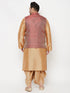 Plus Men's Maroon Nehru Jacket With Rose Gold Kurta And Dhoti Set