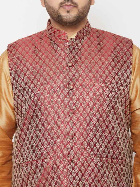 Plus Men's Maroon Nehru Jacket With Rose Gold Kurta And Dhoti Set
