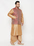 Plus Men's Maroon Nehru Jacket With Rose Gold Kurta And Dhoti Set