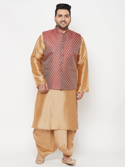 Plus Men's Maroon Nehru Jacket With Rose Gold Kurta And Dhoti Set
