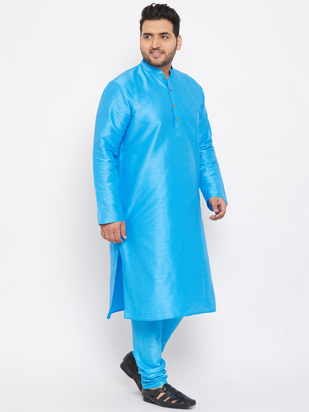 Men's Plus Size Aqua Blue Silk Blend Kurta Pyjama Set