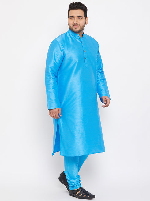 Men's Plus Size Aqua Blue Silk Blend Kurta Pyjama Set