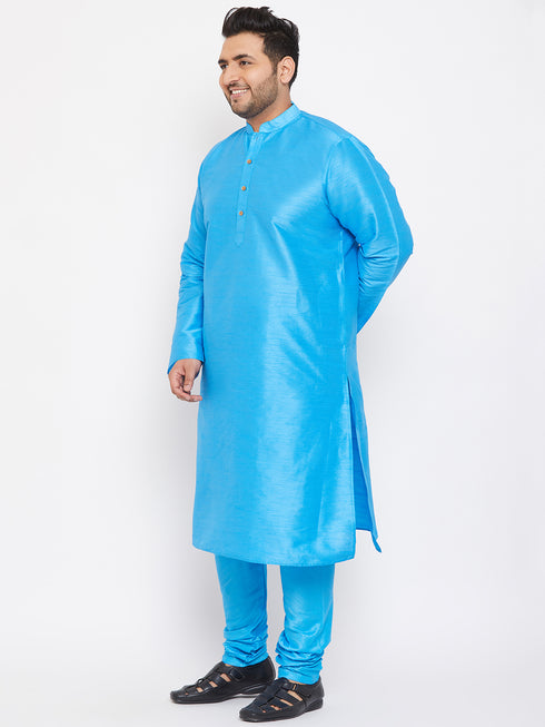 Men's Plus Size Aqua Blue Silk Blend Kurta Pyjama Set
