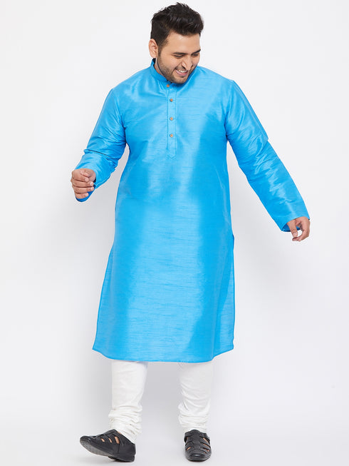 Men's Plus Size Aqua Blue Silk Blend Kurta Pyjama Set