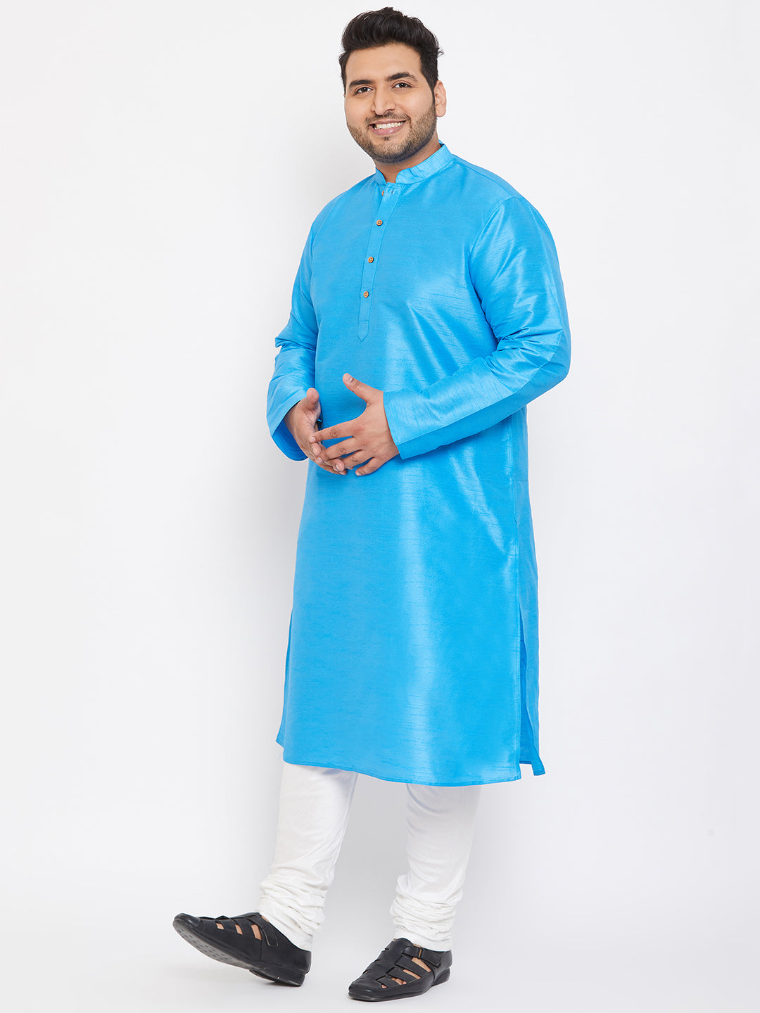 Men's Plus Size Aqua Blue Silk Blend Kurta Pyjama Set