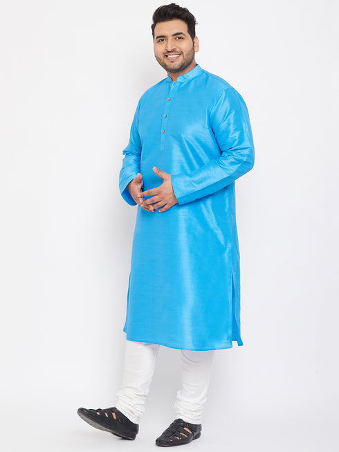 Men's Plus Size Aqua Blue Silk Blend Kurta Pyjama Set