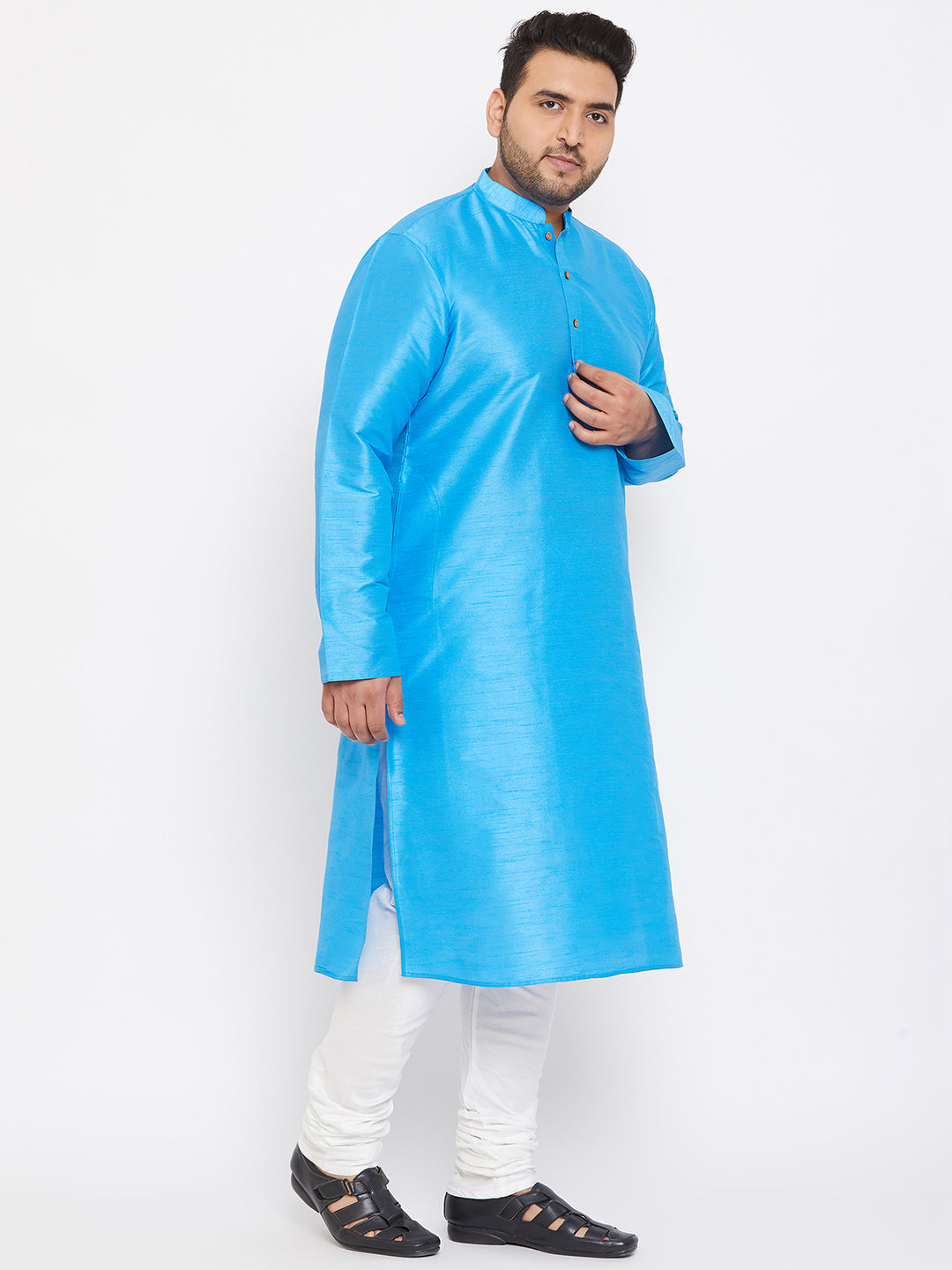 Men's Plus Size Aqua Blue Silk Blend Kurta Pyjama Set