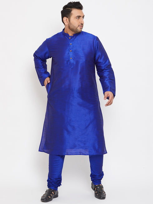 Men's Plus Size Blue Silk Blend Kurta Pyjama Set