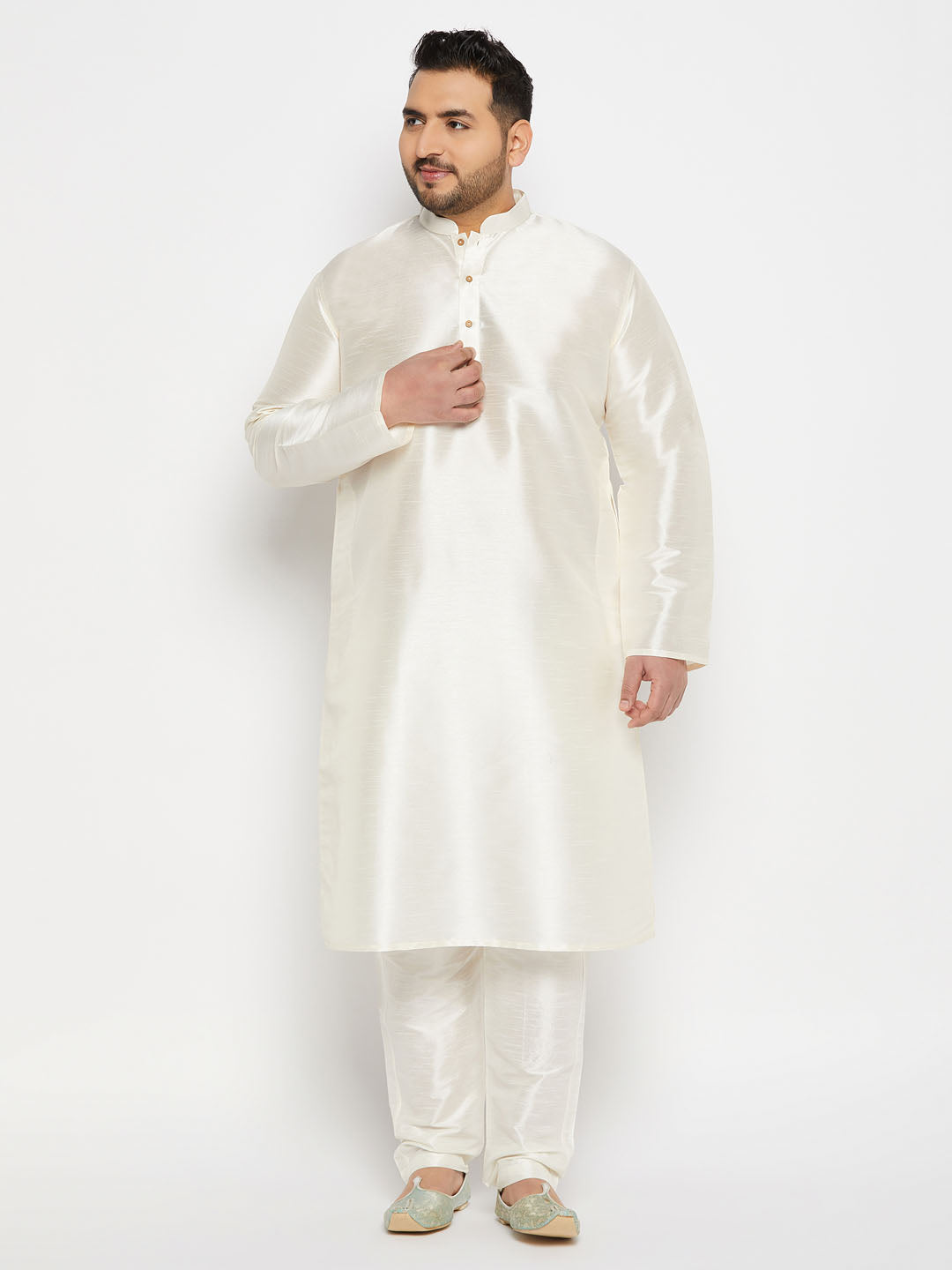 Men's Plus Size Cream Silk Blend Kurta Pant Set