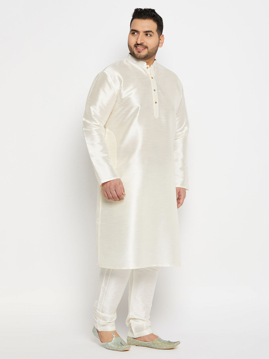 Men's Plus Size Cream Silk Blend Kurta Pant Set