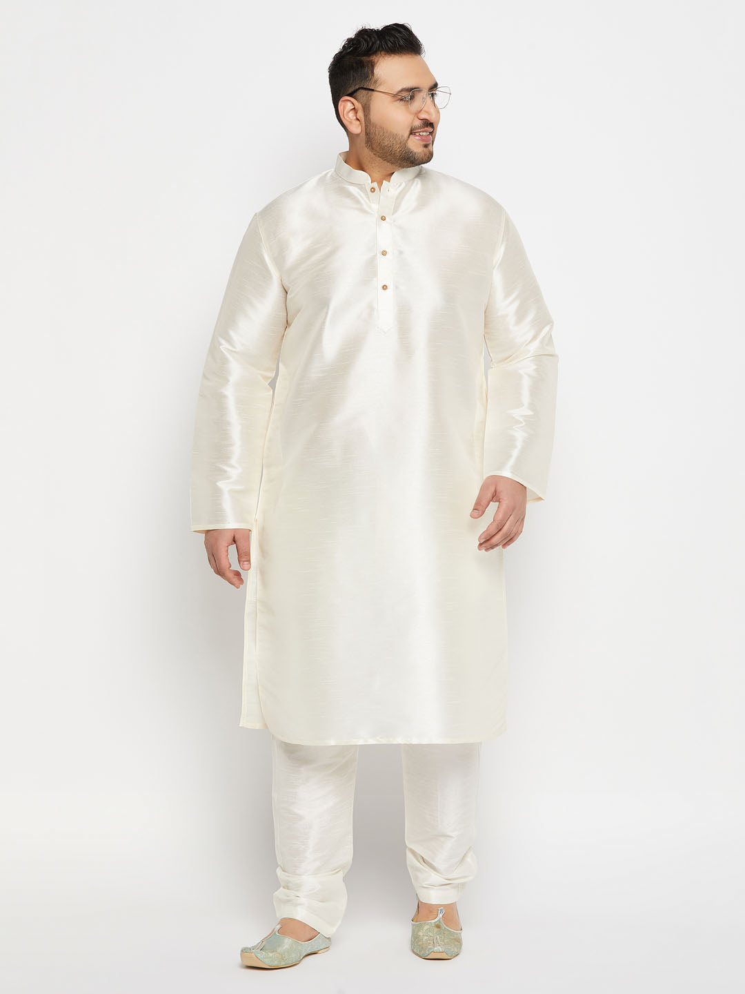 Men's Plus Size Cream Silk Blend Kurta Pant Set