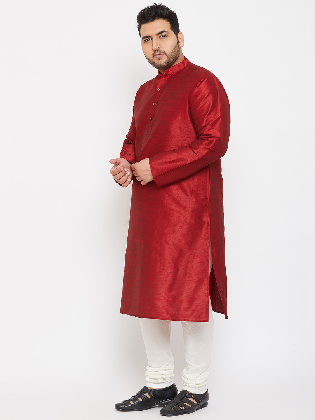 Men's Plus Size Maroon Silk Blend Kurta Pyjama Set