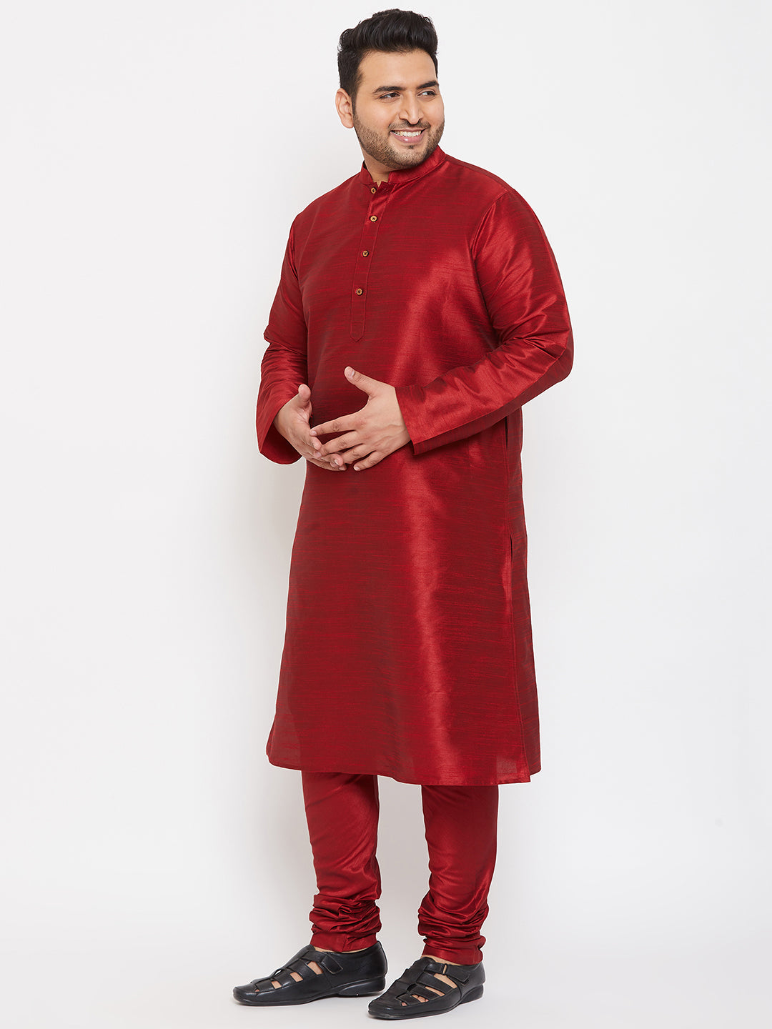 Men's Plus Size Maroon Silk Blend Kurta Pyjama Set
