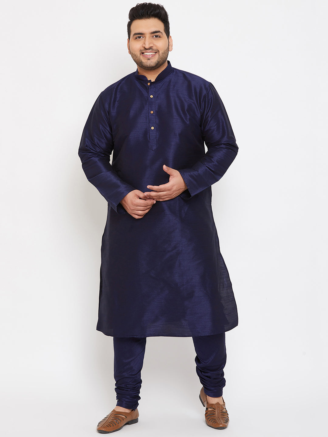 Men's Plus Size Navy Blue Silk Blend Kurta Pyjama Set