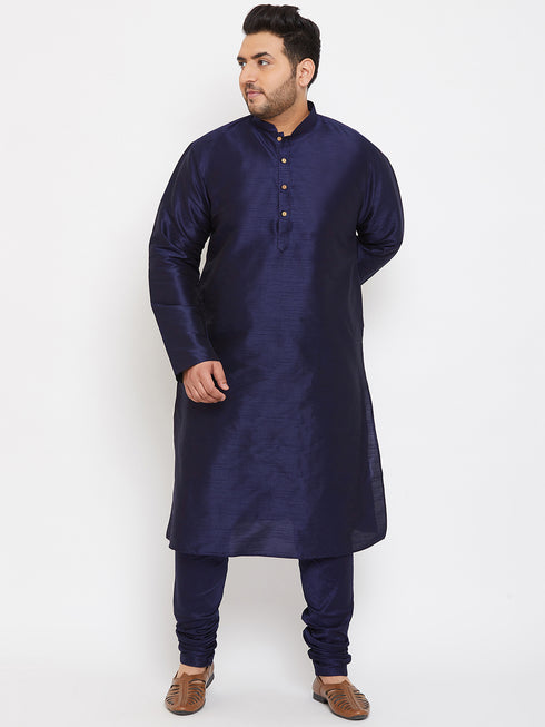 Men's Plus Size Navy Blue Silk Blend Kurta Pyjama Set