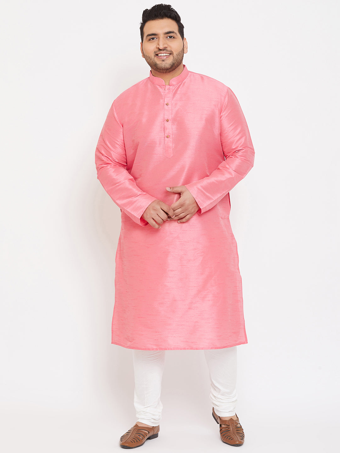 Men's Plus Size Pink Silk Blend Kurta Pyjama Set
