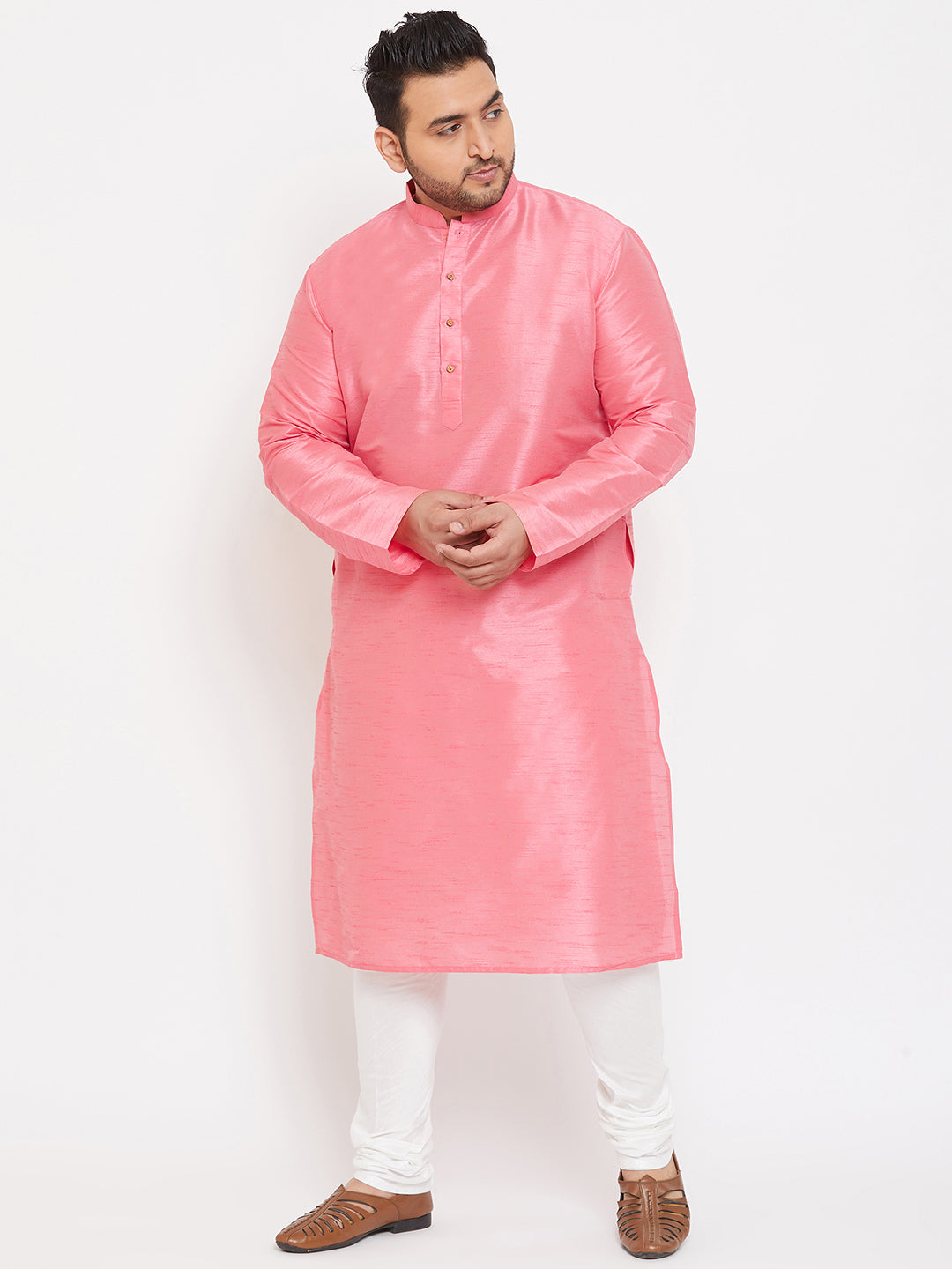 Men's Plus Size Pink Silk Blend Kurta Pyjama Set