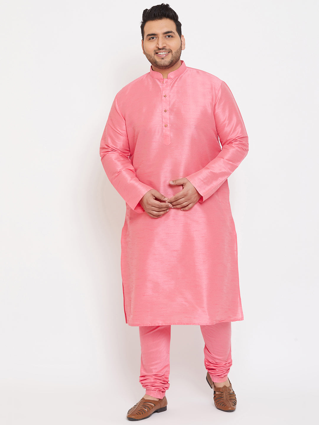 Men's Plus Size Pink Silk Blend Kurta Pyjama Set
