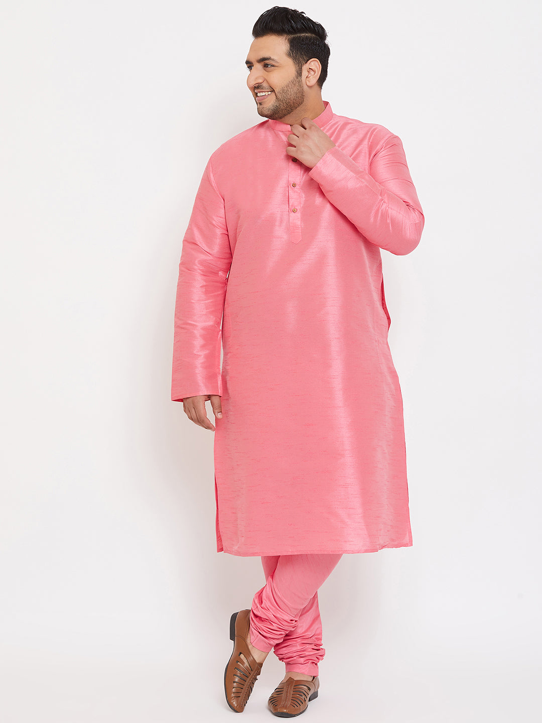 Men's Plus Size Pink Silk Blend Kurta Pyjama Set