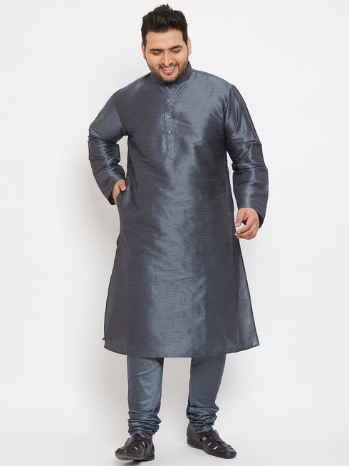 Men's Plus Size Grey Silk Blend Kurta Pyjama Set