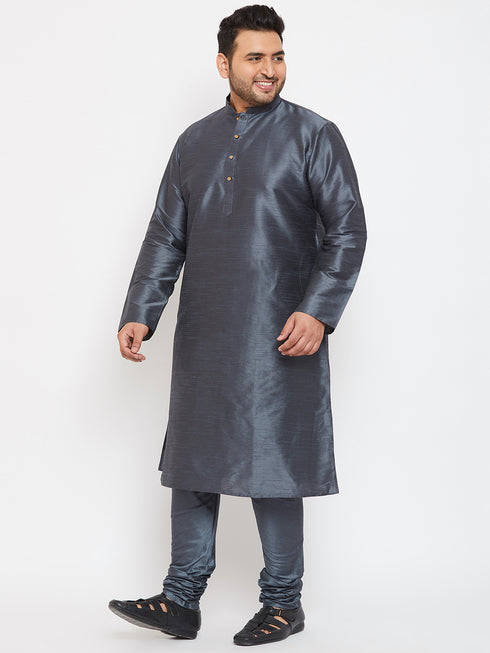 Men's Plus Size Grey Silk Blend Kurta Pyjama Set