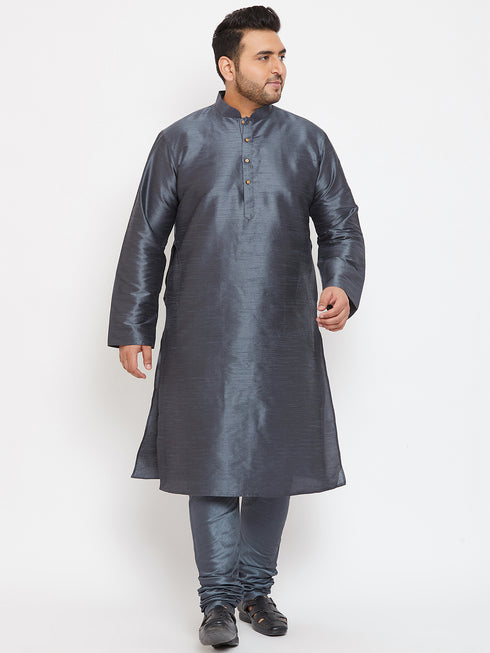 Men's Plus Size Grey Silk Blend Kurta Pyjama Set