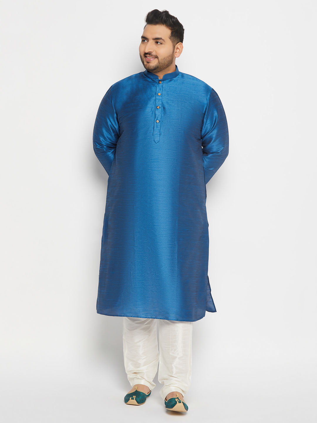 Men's Plus Size Turquoise Blue Silk Blend Kurta Pant Set