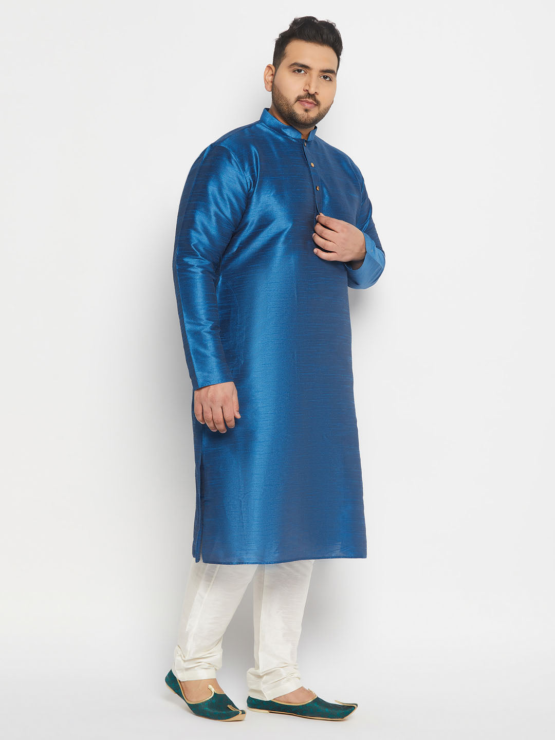 Men's Plus Size Turquoise Blue Silk Blend Kurta Pant Set