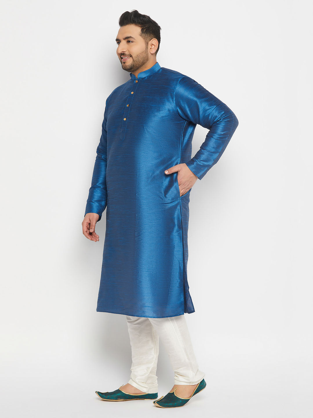 Men's Plus Size Turquoise Blue Silk Blend Kurta Pant Set