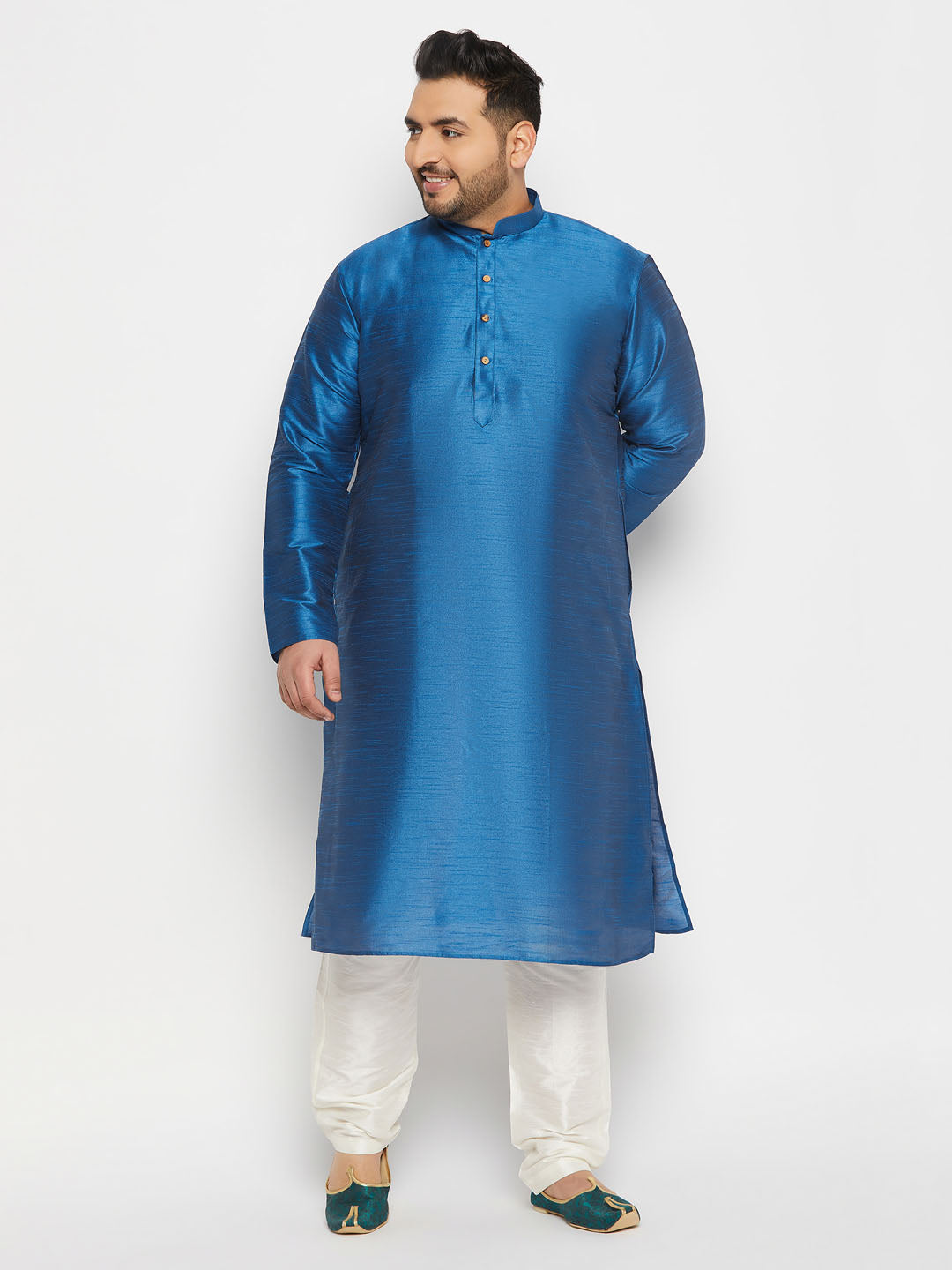 Men's Plus Size Turquoise Blue Silk Blend Kurta Pant Set