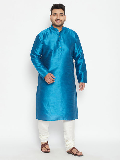 Men's Plus Size Turquoise Blue Silk Blend Kurta Pyjama Set