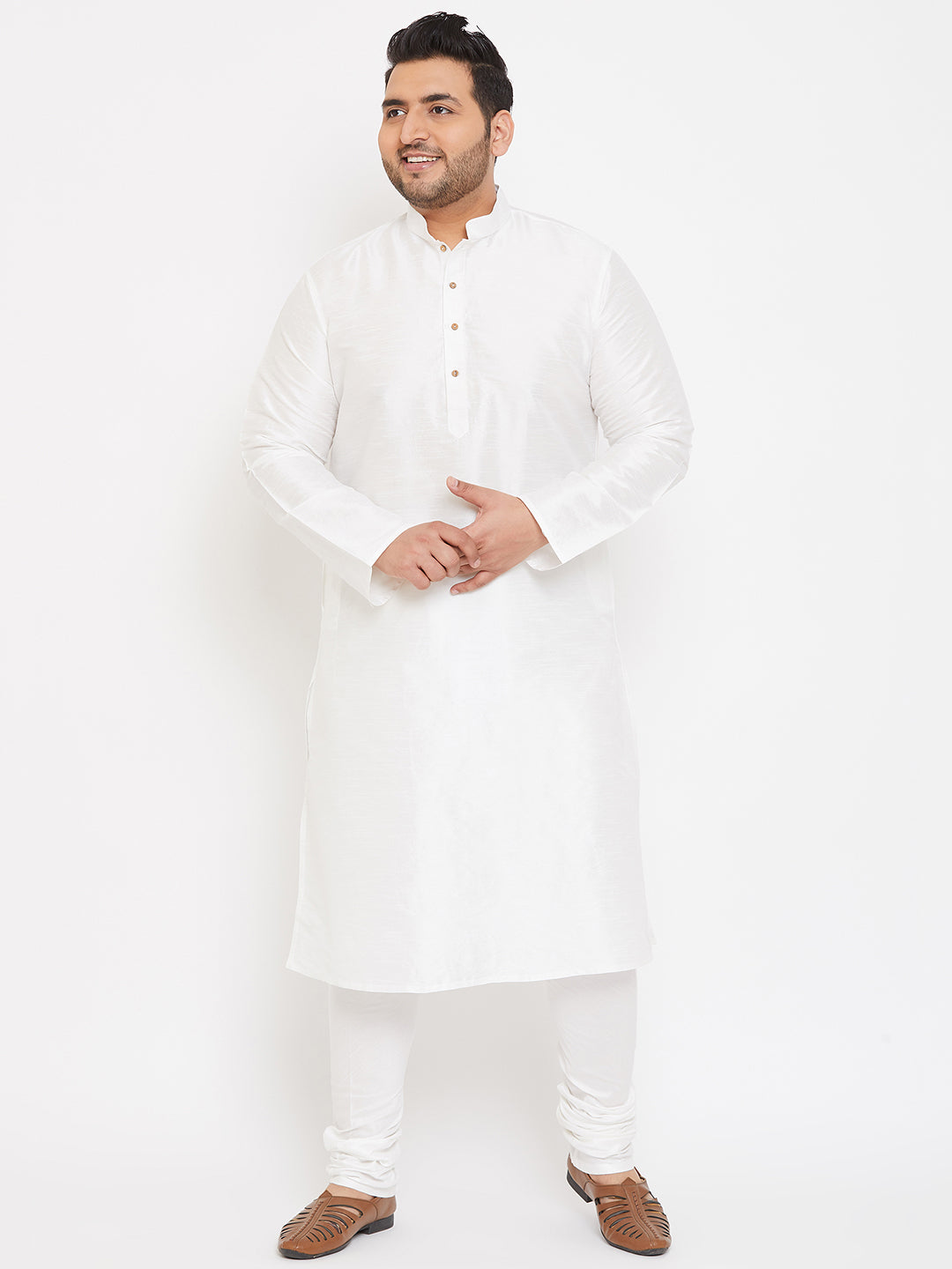 Men's Plus Size White Silk Blend Kurta Pyjama Set
