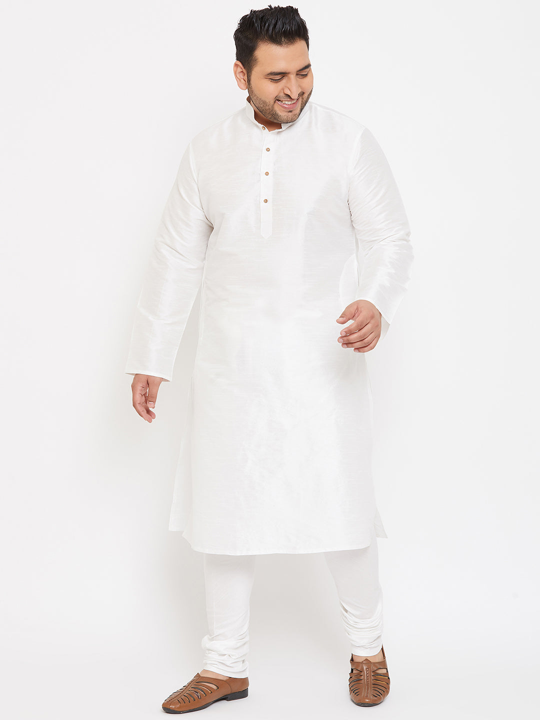 Men's Plus Size White Silk Blend Kurta Pyjama Set