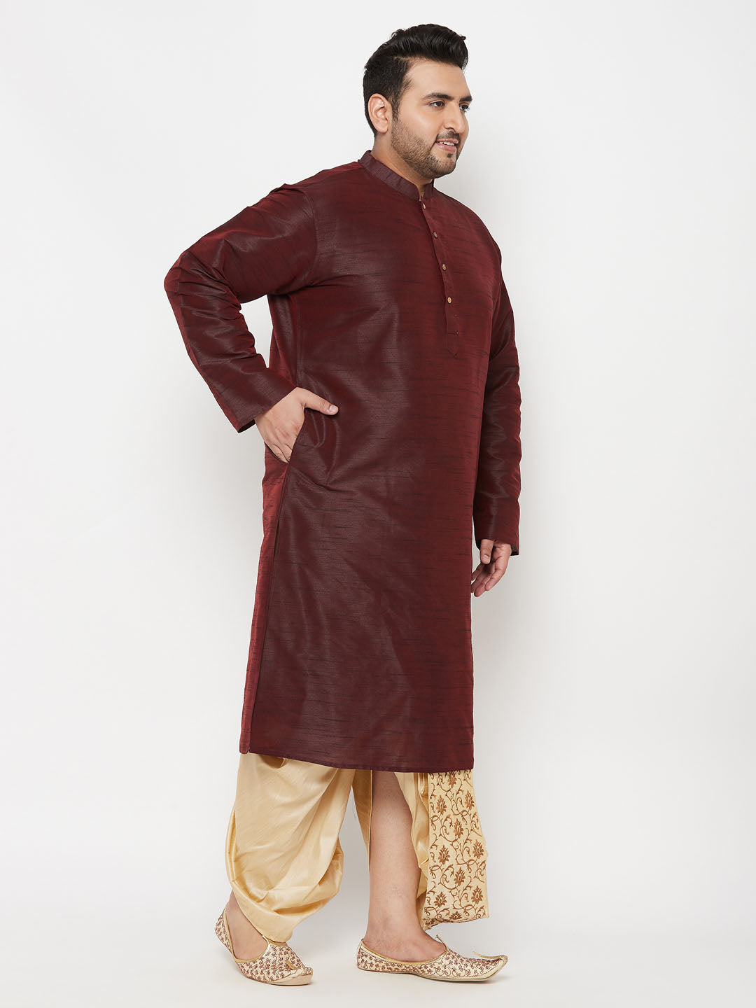 Men's Plus Size Wine Silk Blend Kurta Dhoti Set