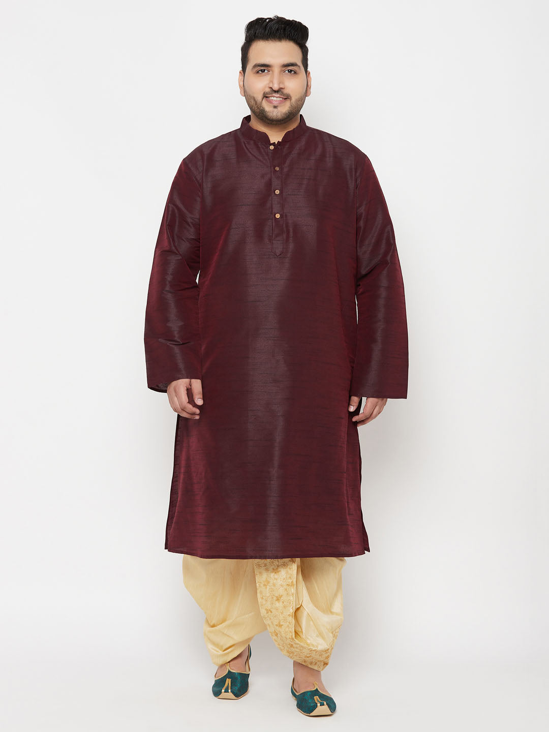Men's Plus Size Wine Silk Blend Kurta Dhoti Set