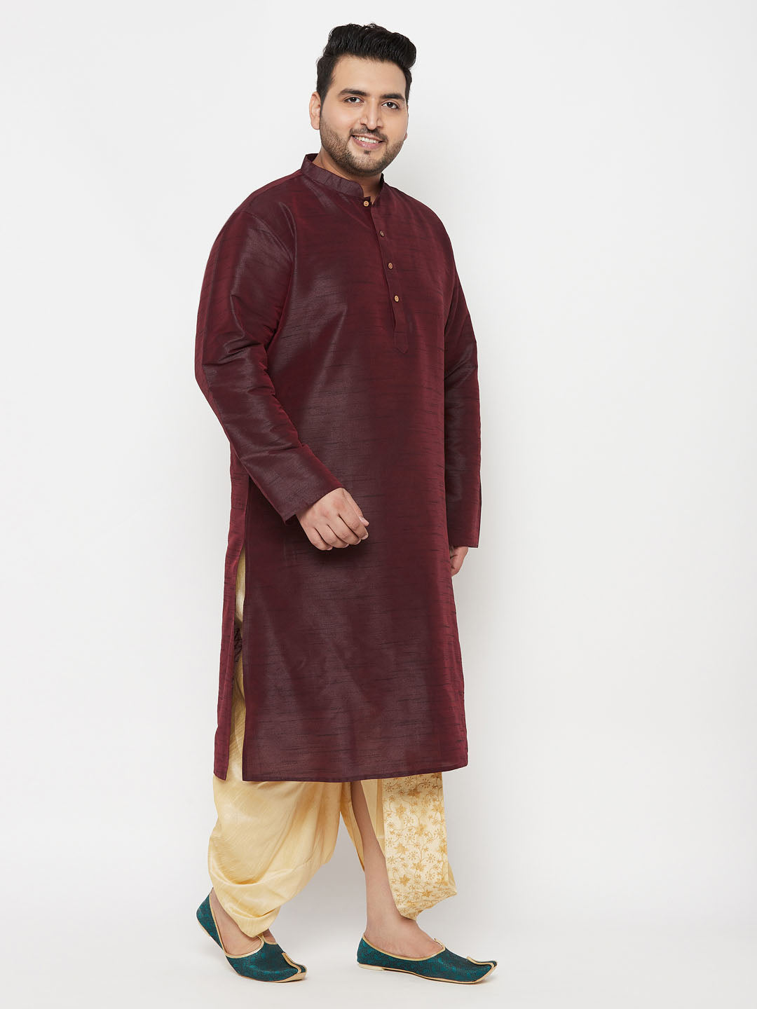 Men's Plus Size Wine Silk Blend Kurta Dhoti Set