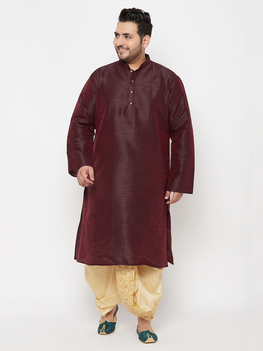 Men's Plus Size Wine Silk Blend Kurta Dhoti Set